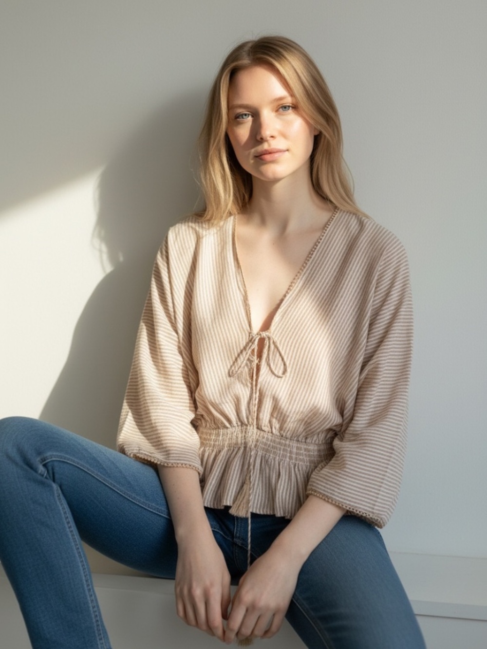 El Creme peasant top with tie front size small